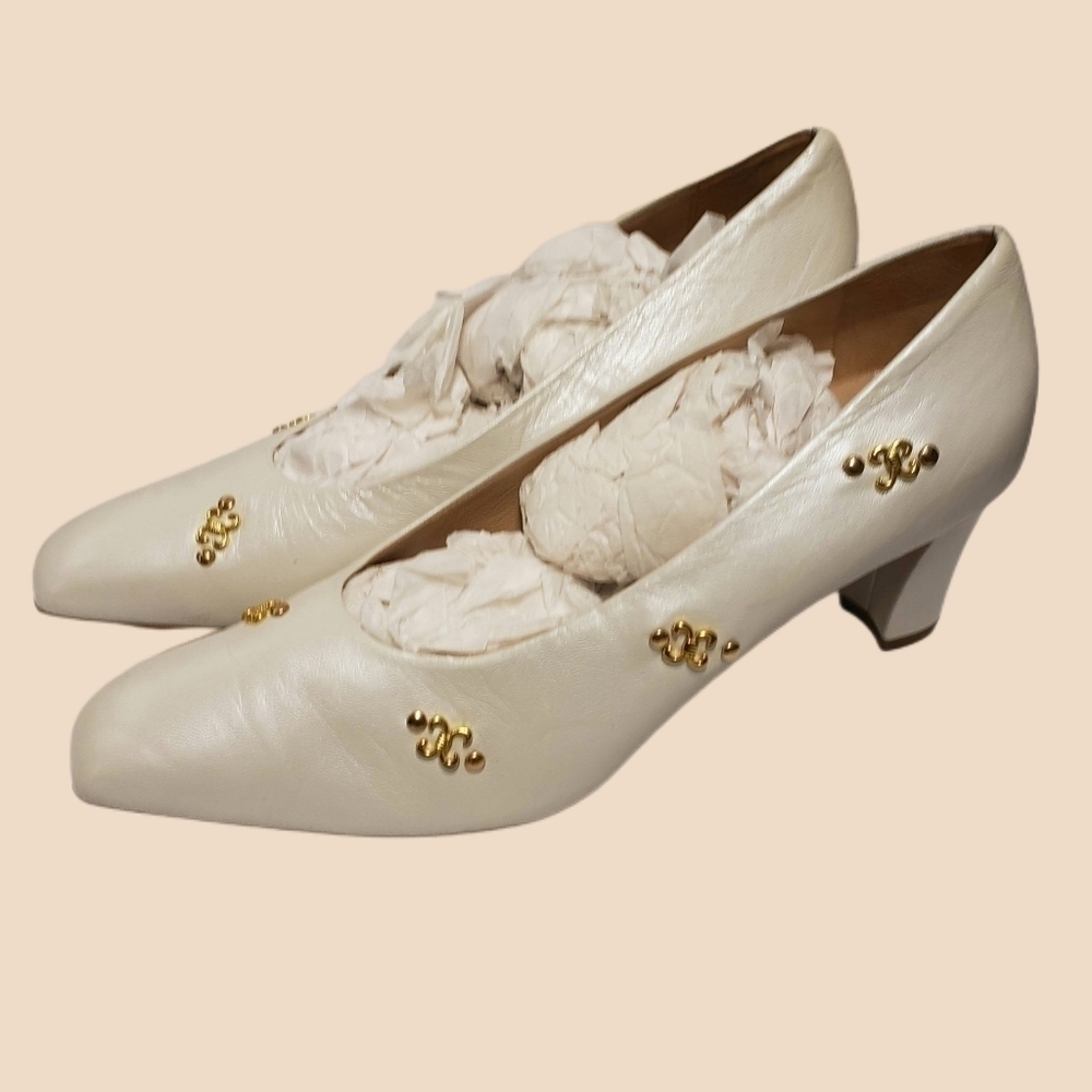 Joel Parker 7 1/2 B Off White/Cream/Bone Vintage Pumps Made in Naples, I… - Picture 2 of 6